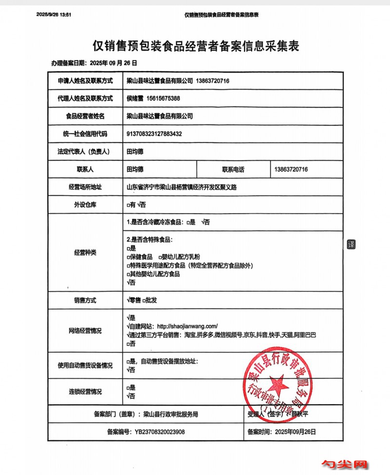 味達蕾公司食品經營備案證明